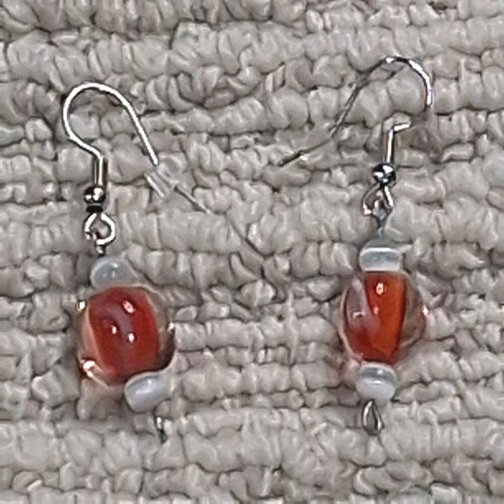 Red Murano Style Swirl Art Glass Bead Drop Earrings Cat Eye Accent Silver Tone